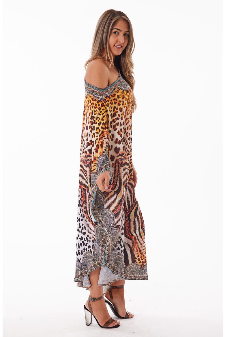 Crystal Embellished Animal Print One-Shoulder Dress, Alternate, color, BROWN