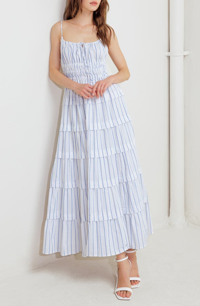 FREEMARKET Cutout Tiered Sleeveless Maxi Dress, Alternate, color, White/ Blue