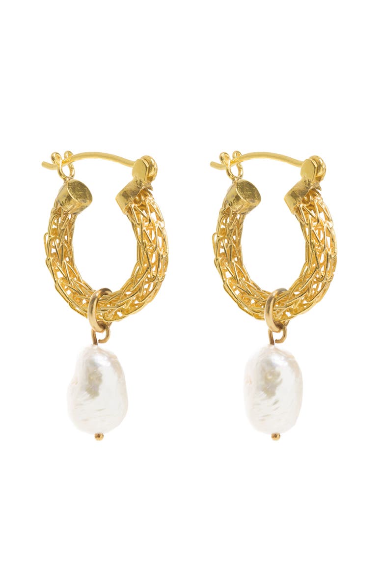 Gold Weave Mini Hoops with Baroque Pearl, Main, color, Gold