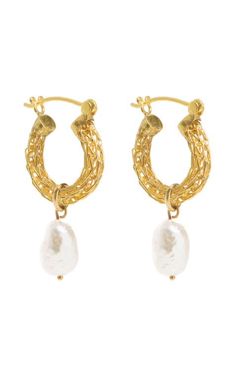Gold Weave Mini Hoops with Baroque Pearl