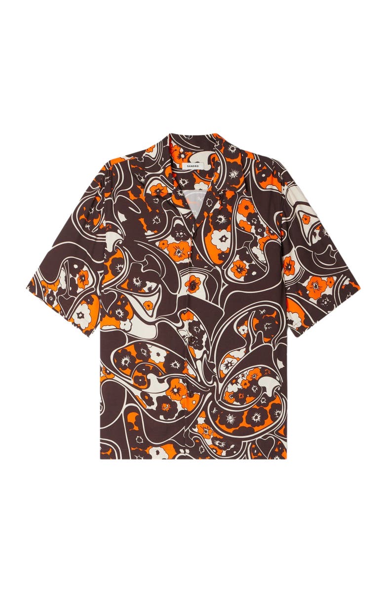 SANDRO Loose-fit print shark collar shirt, Main, color, Black Brown