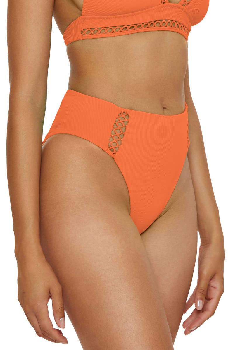Becca Modern Edge High Waist Bikini Bottoms, Alternate, color, Coral Rose