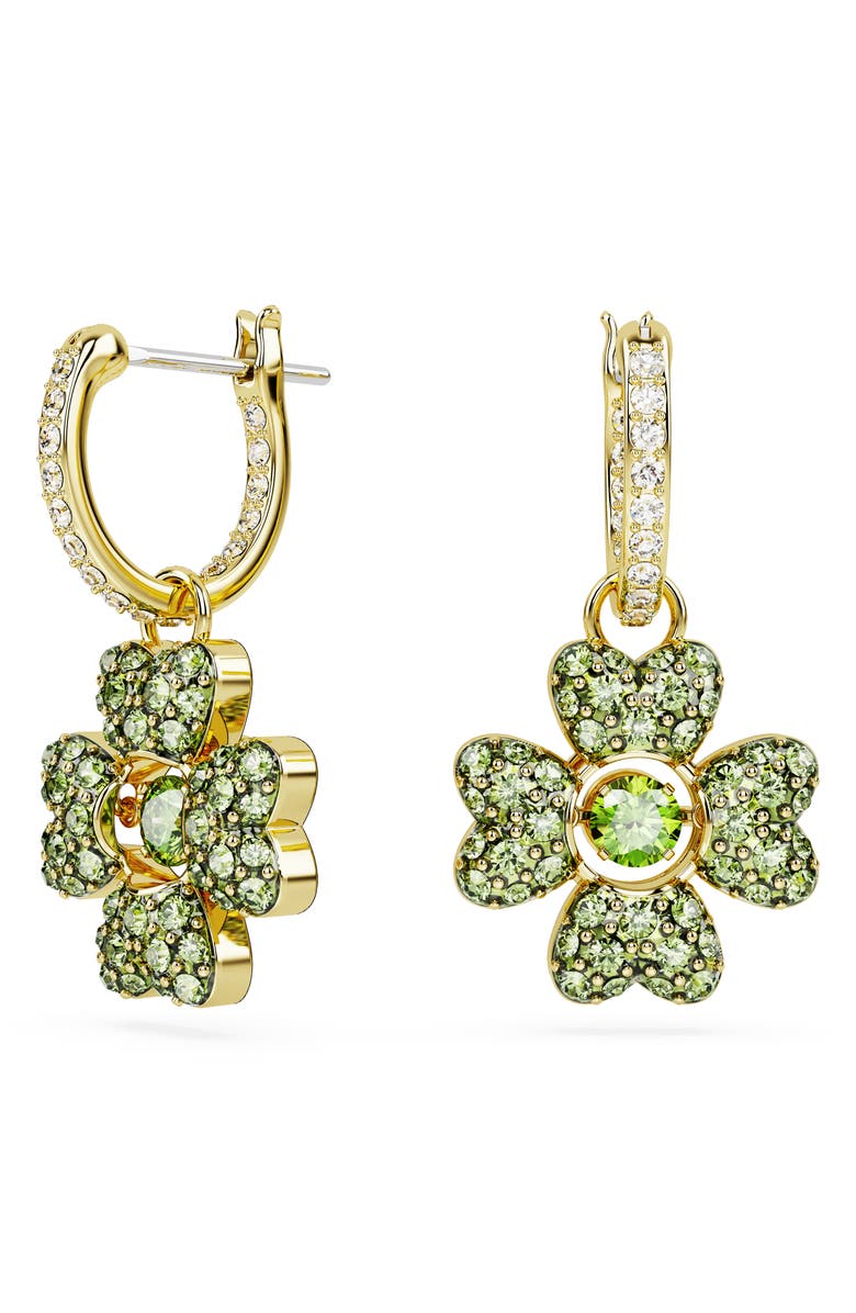 Swarovski Idyllia Crystal Pavé Clover Pendant Huggie Hoop Earrings, Main, color, Green