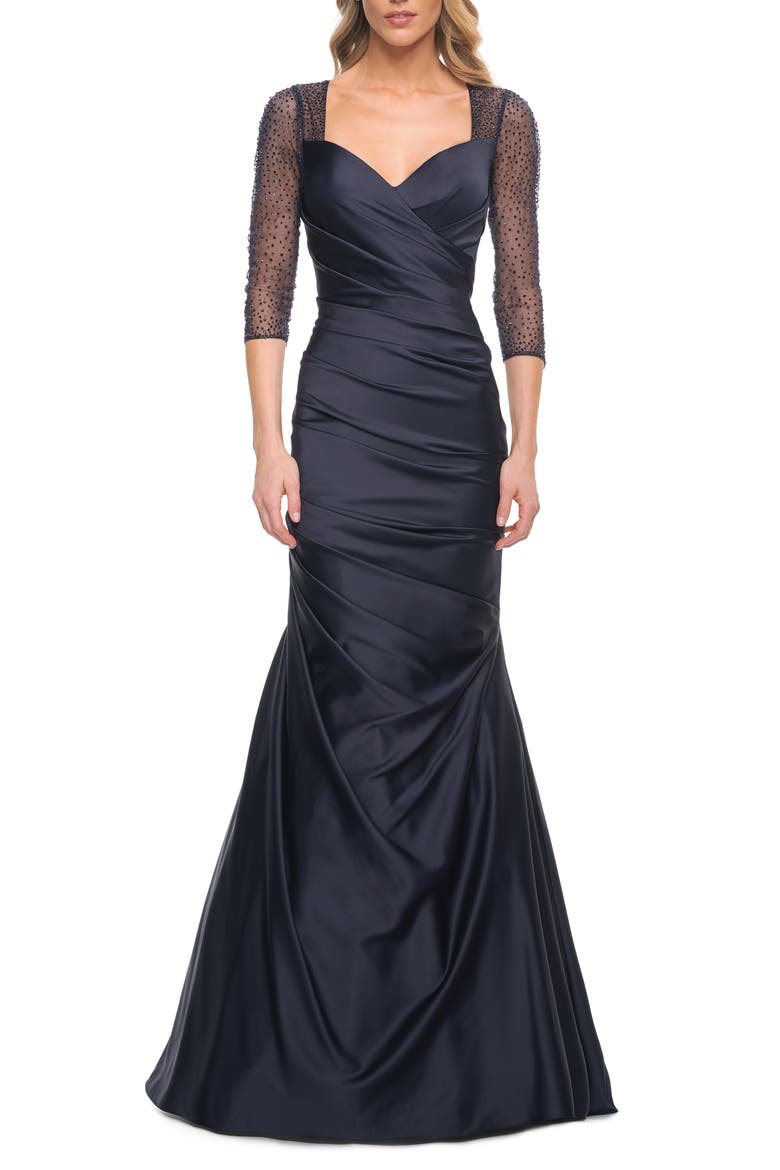 Mermaid Satin Pleated Gown with Illusion Beaded Sleeves, Alternate, color, Navy