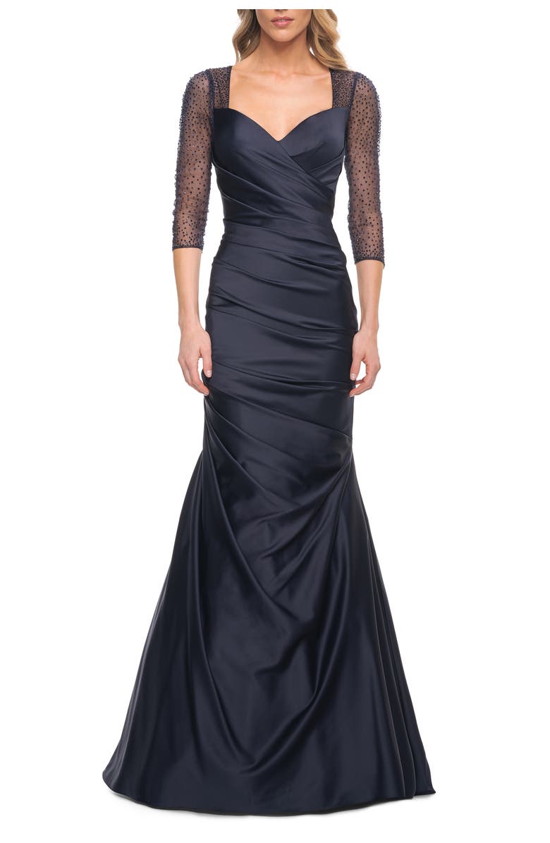 La Femme Mermaid Satin Pleated Gown with Illusion Beaded Sleeves, Alternate, color, Navy