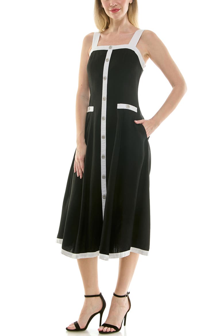 Square Neck Fit & Flare Midi Dress, Alternate, color, BLACK / IVORY