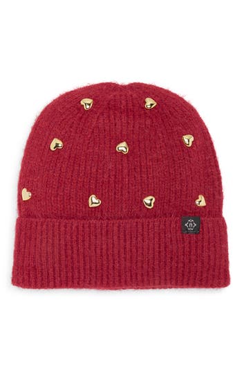 Nanette Lepore Heart Studs Knit Cuffed Beanie In Burgundy