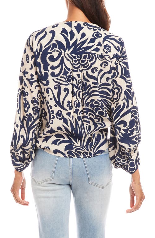 Karen Kane Blouson Sleeve Tie Front Top In Blue Print
