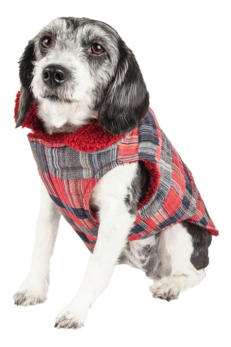 'Scotty' Classical Plaided Insulated Faux Shearling Lined Dog Coat, Alternate, color, RED AND GREY PLAID