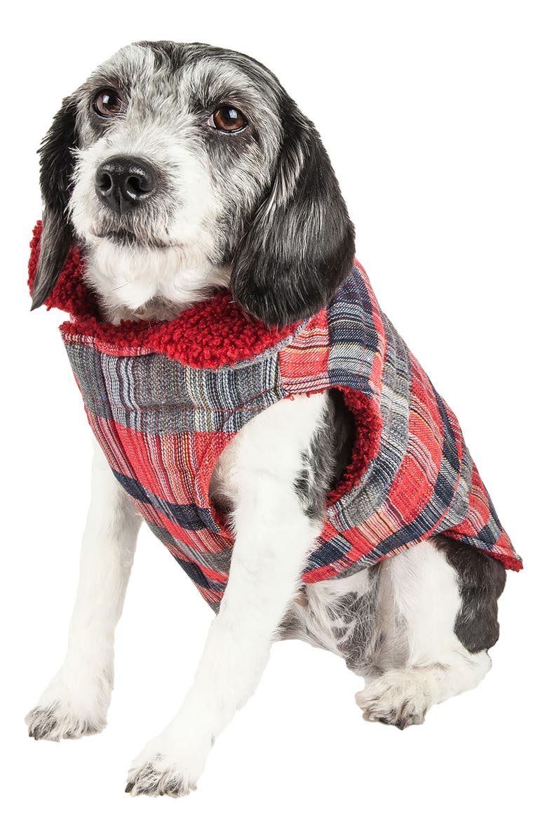 PET LIFE 'Scotty' Classical Plaided Insulated Faux Shearling Lined Dog Coat, Alternate, color, Red And Grey Plaid