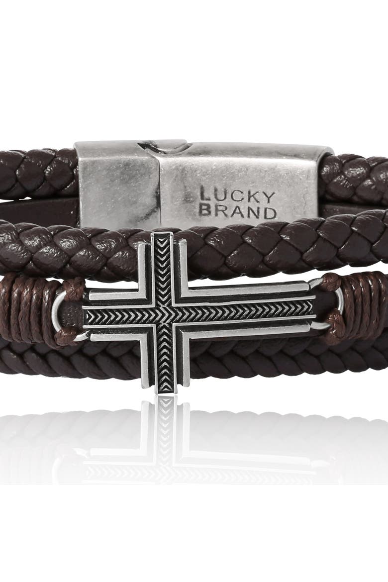 Braided Bracelet with Cross, Alternate, color, brown, silver