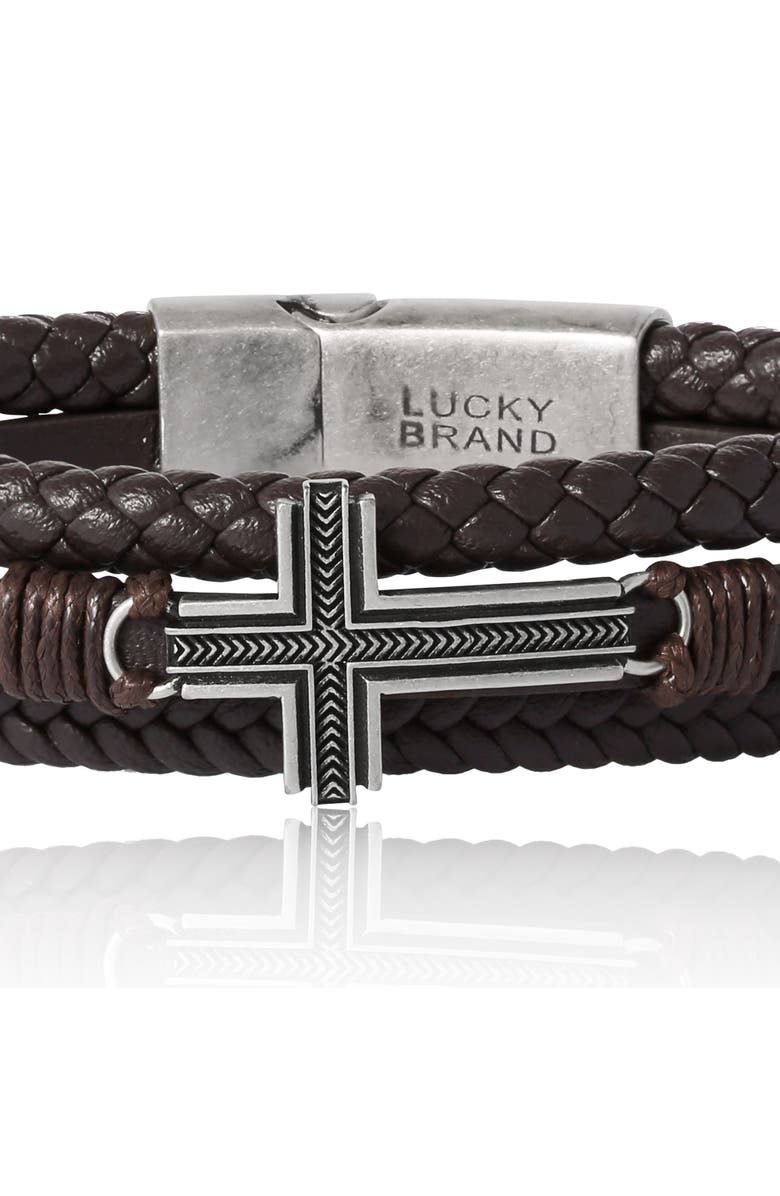 Lucky Brand Braided Leather Bracelet with Cross, Alternate, color, Brown, Silver