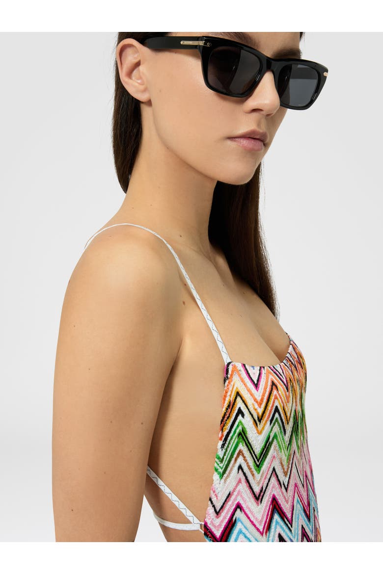 One-piece Swimsuit In Stretch Viscose With Lace And Zigzag Pattern, Alternate, color, Multicoloured