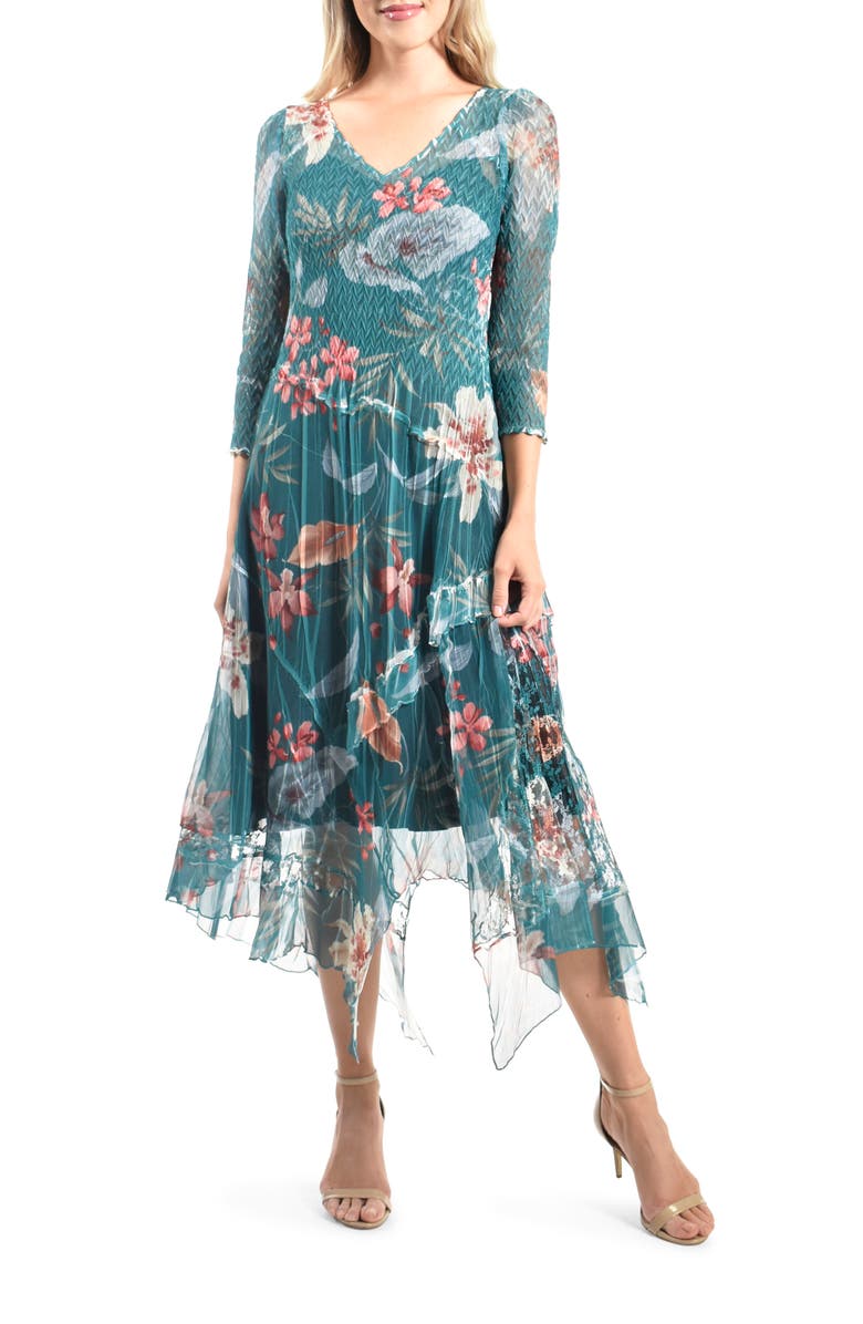 Komarov Asymmetric Handkerchief Hem Chiffon Midi Dress, Main, color, 