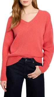 NIC+ZOE Tuck Stitch V-Neck Cotton Blend Sweater