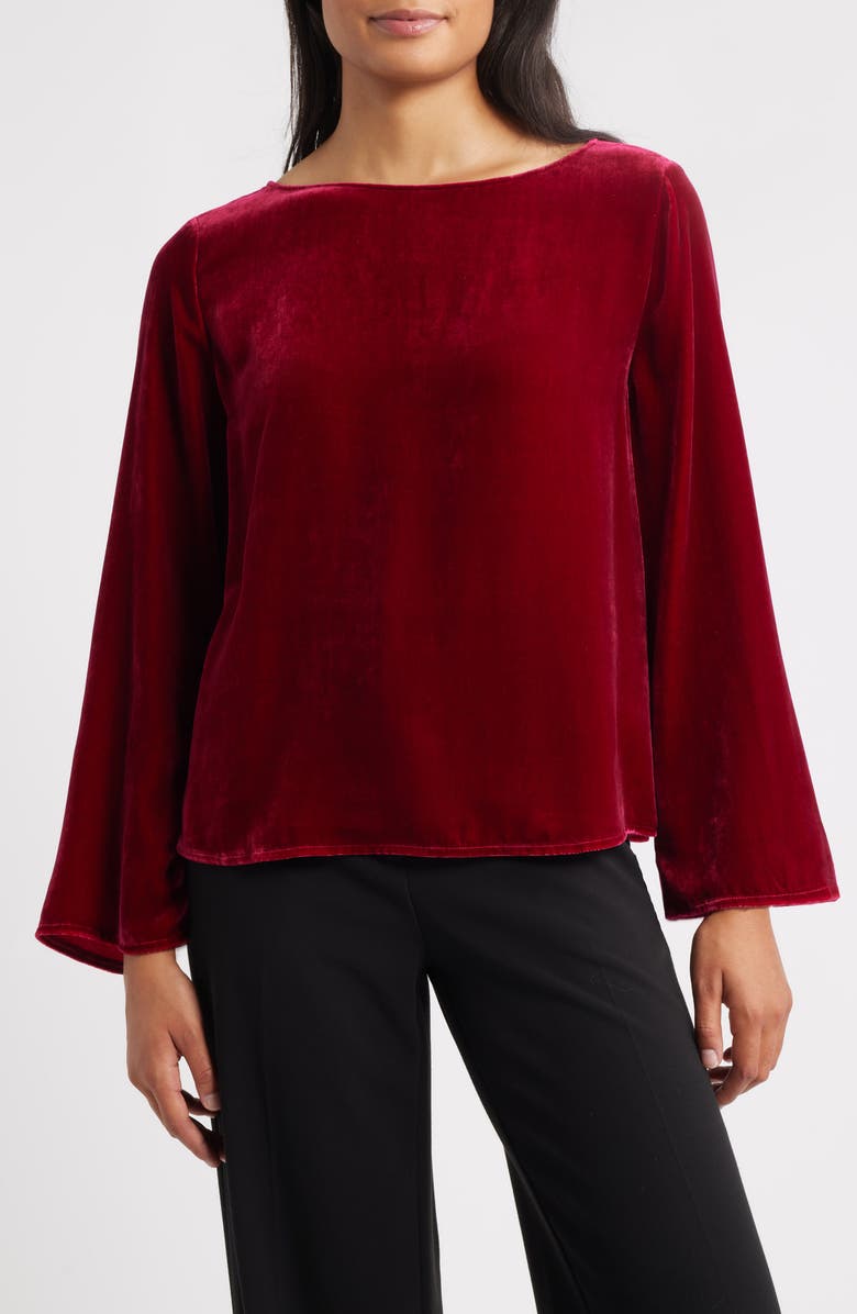 Eileen Fisher Ballet Neck Flare Sleeve Velvet Top, Main, color, Ruby