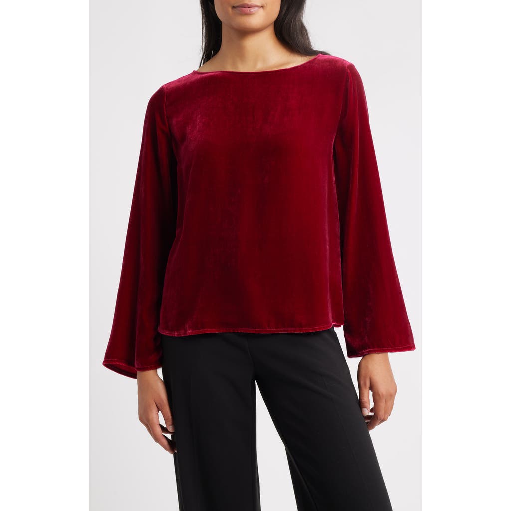 Eileen Fisher Ballet Neck Flare Sleeve Velvet Top In Red