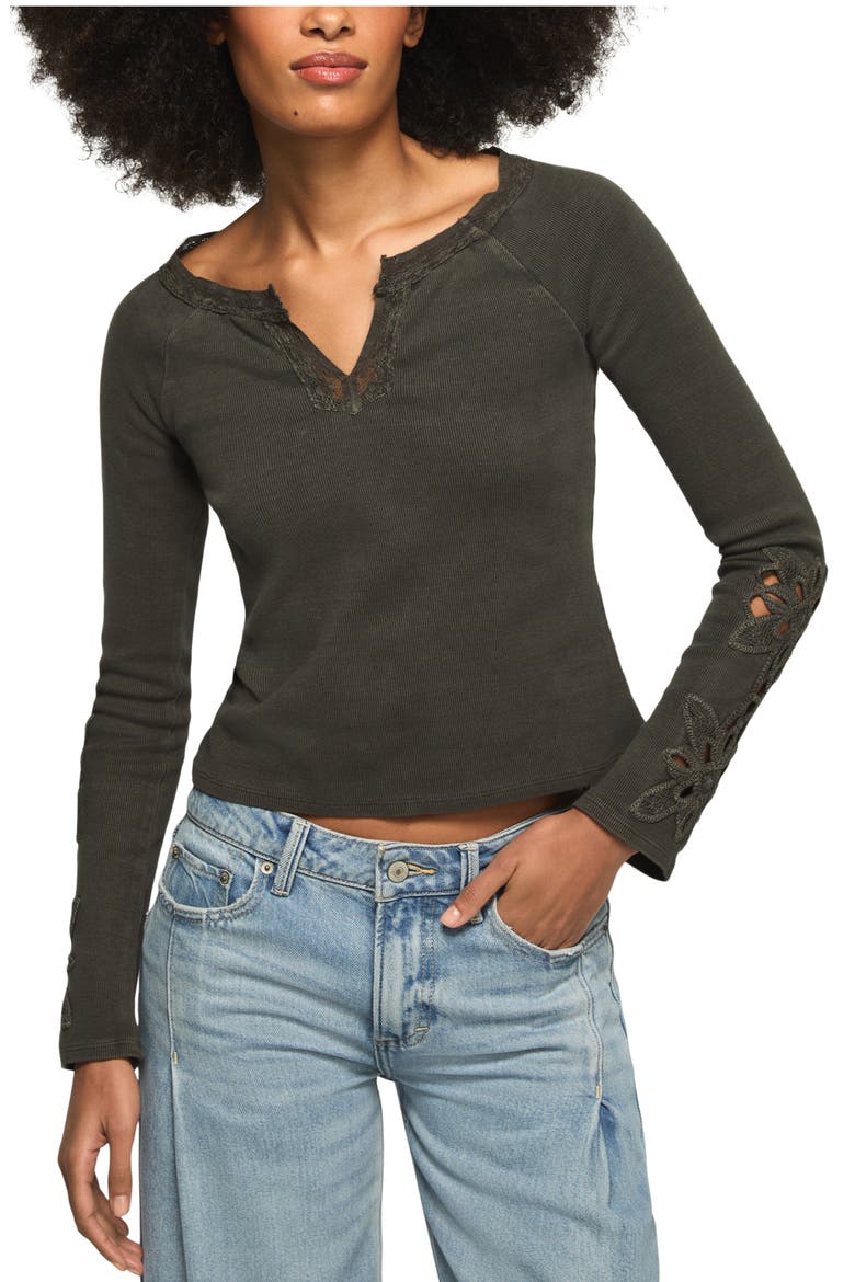 Lace Trim Notch Neck Rib Henley, Main, color, RAVEN