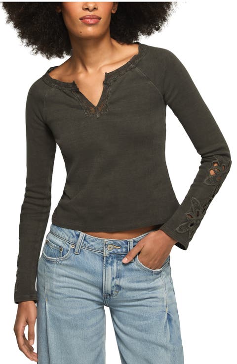 Lace Trim Notch Neck Rib Henley