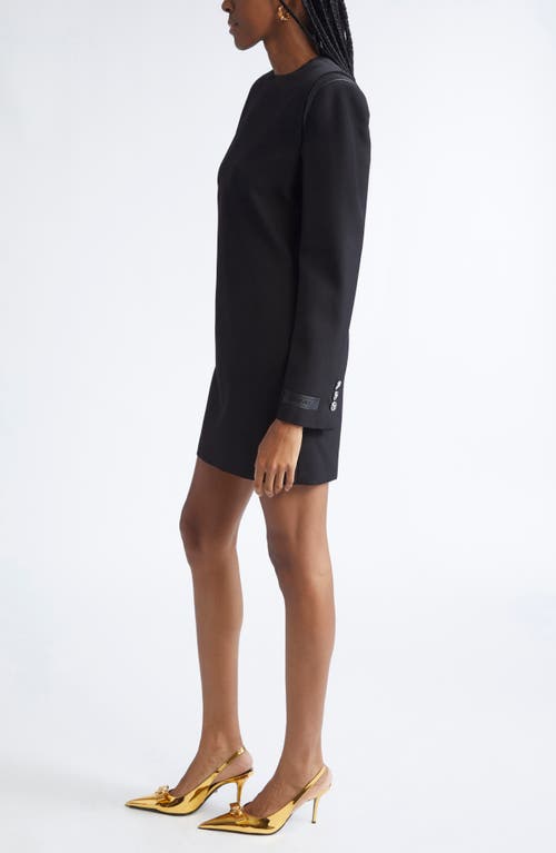 Versace Leather Trim Long Sleeve Wool Grain De Poudre Minidress In Blue