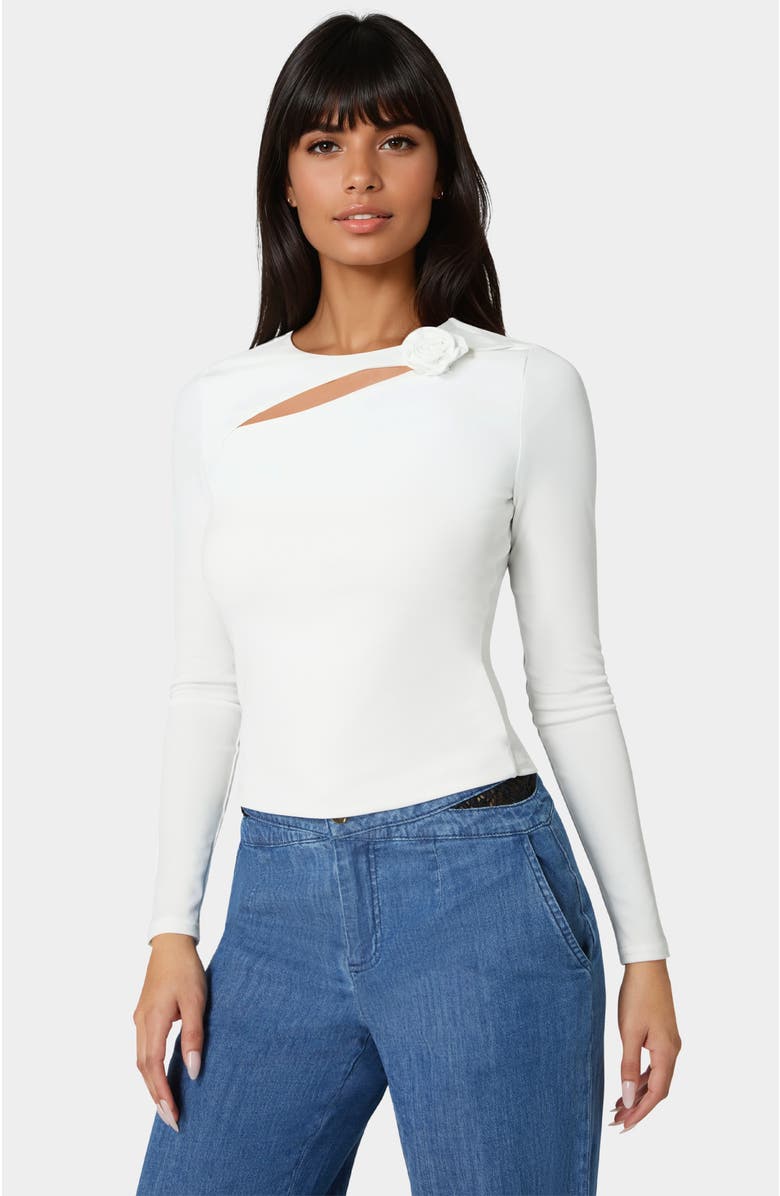 bebe Cut Out Flower Long Sleeve Top, Alternate, color, White Alyssum