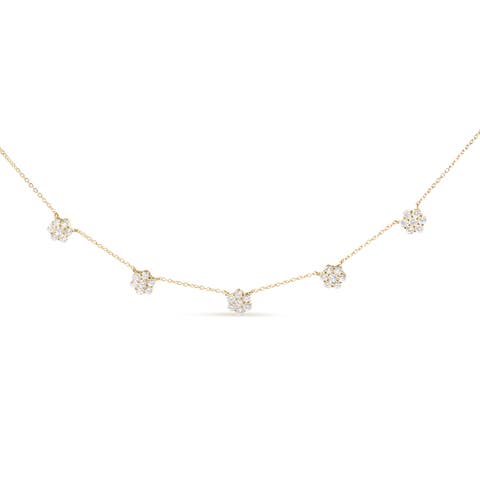 14K Yellow Gold 2.00 Cttw Diamond  Cluster 18" Station Necklace