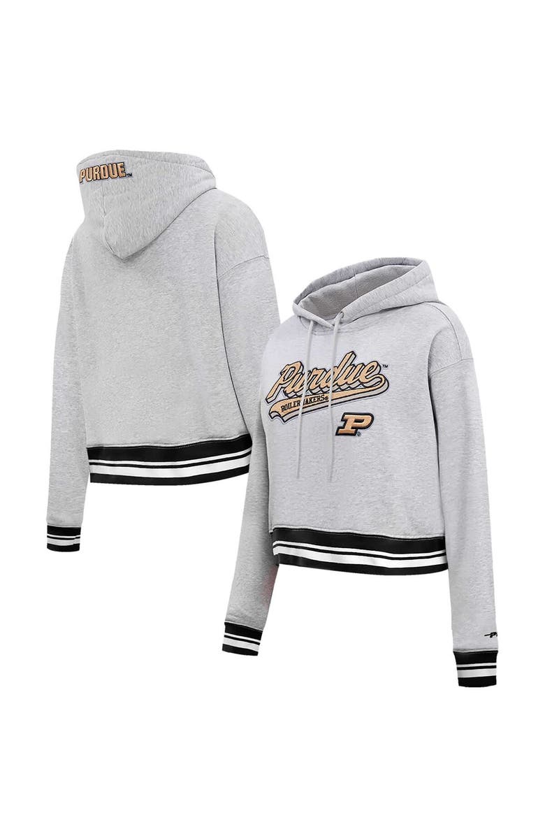 PRO STANDARD Women's Pro Standard Heather Gray Purdue Boilermakers Script Tail Fleece Cropped Pullover Hoodie, Main, color,