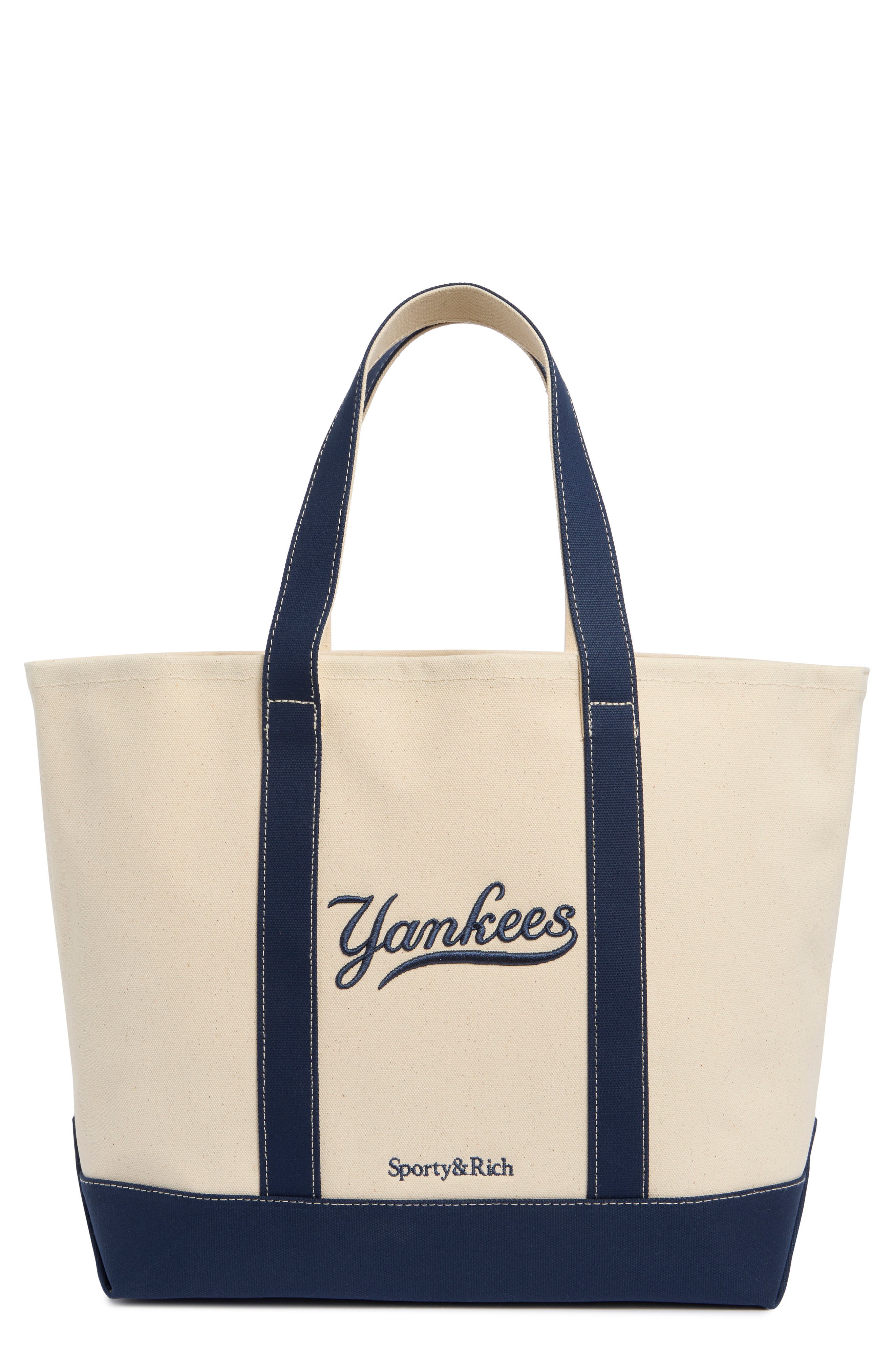 Sporty & Rich New York Yankees Curve Tote Bag, Main, color, Natural/Dark Navy