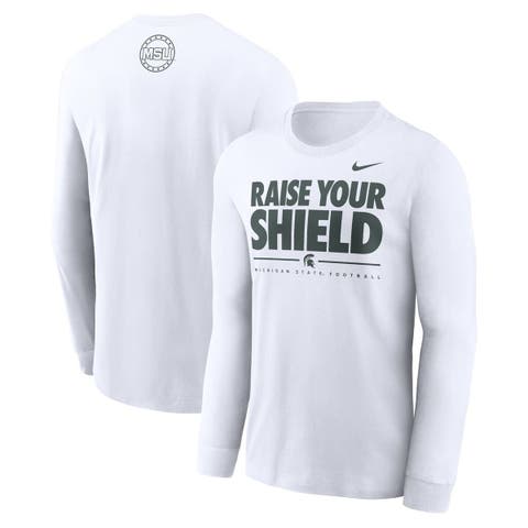 Men's Nike White Michigan State Spartans 2025 Football Fan Raise Your Shield Long Sleeve T-Shirt