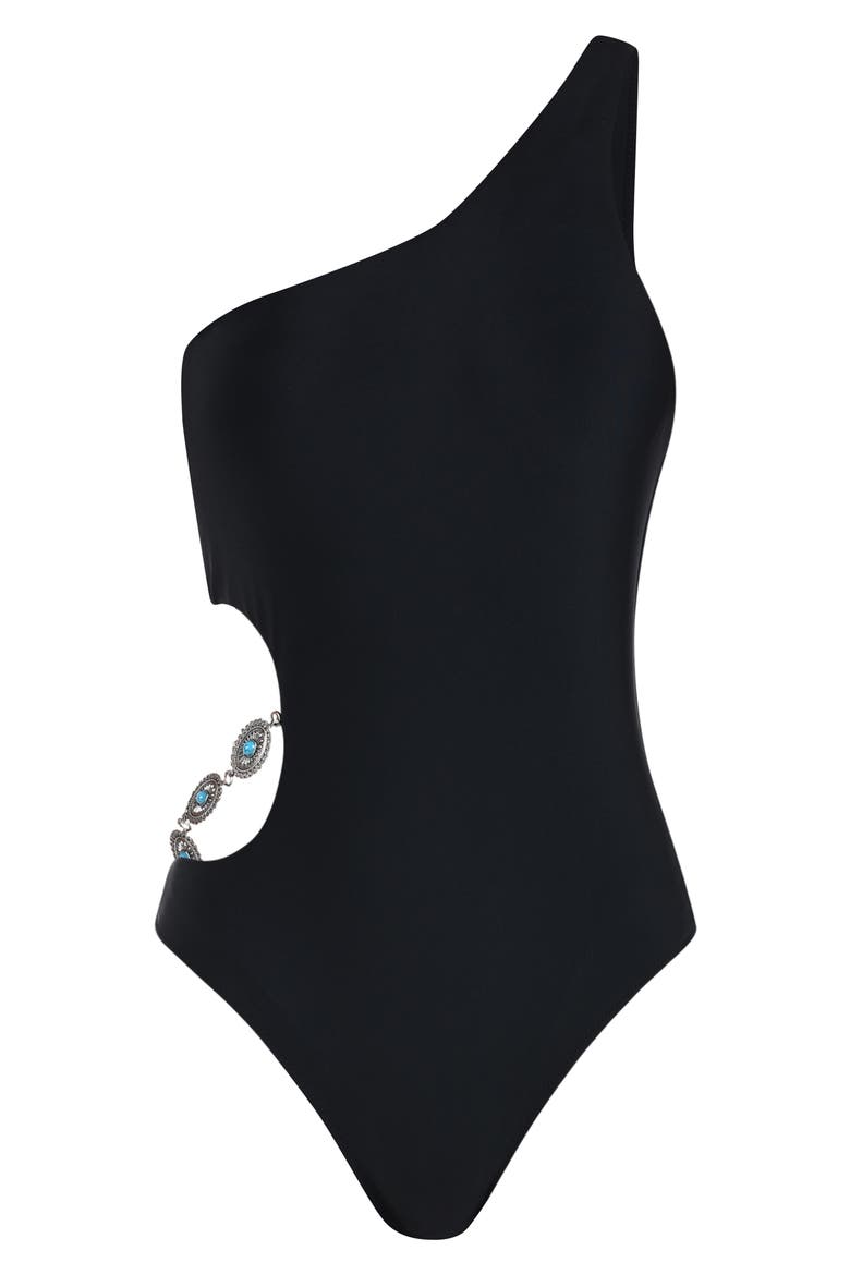 Ava Cutout Chain One-Shoulder One-Piece Swimsuit, Alternate, color, BLACK
