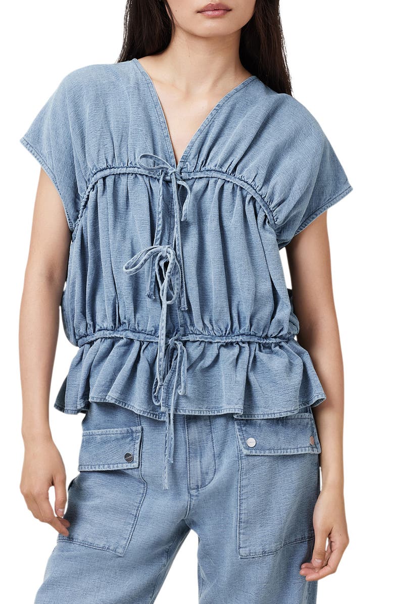 AllSaints Remy Gathered Tie Front Denim Top, Main, color, Light Blue
