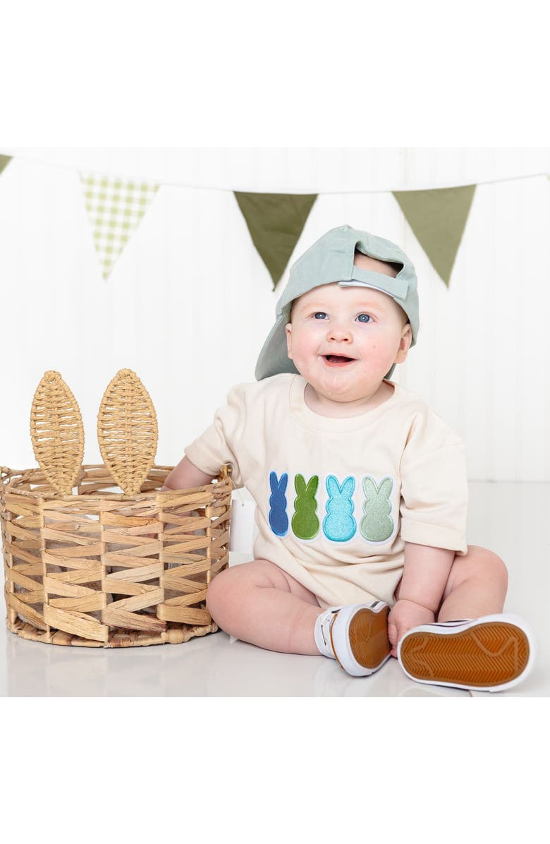 Sweet Wink Peeps Embroidered Patch Easter Short Sleeve Romper, Alternate, color, Natural