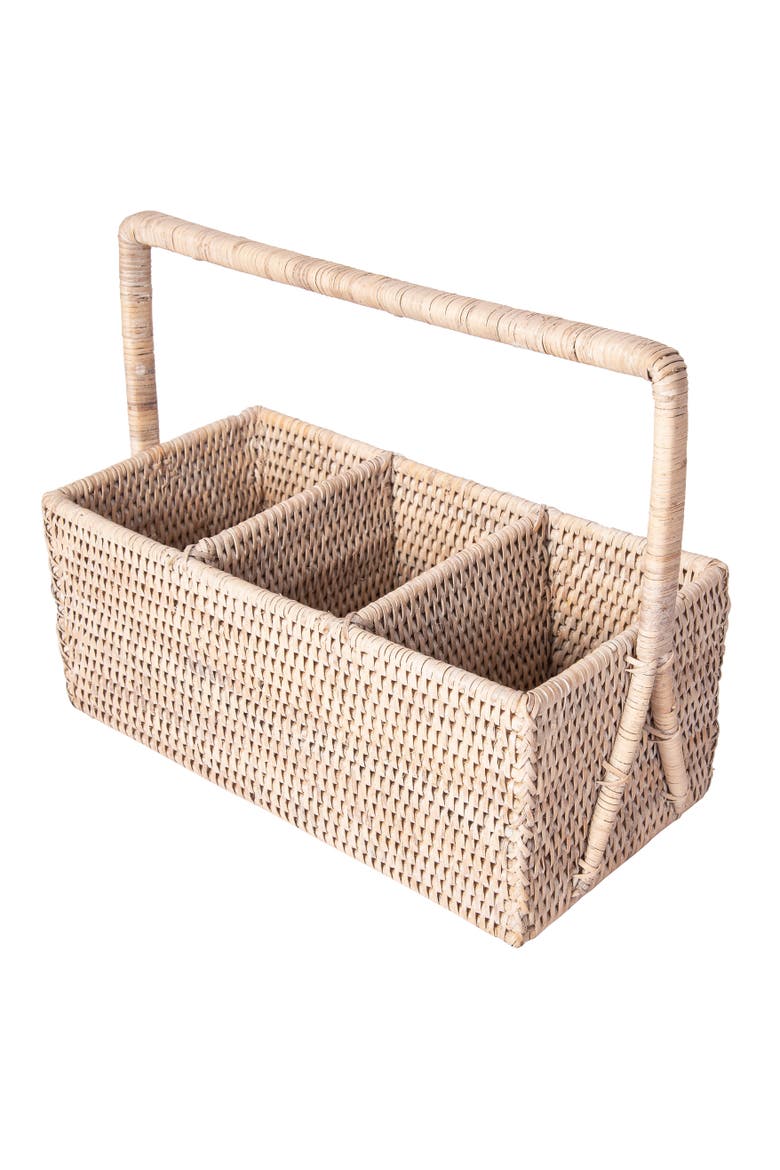 Artifacts Rattan 3 Section Caddy/Cutlery Holder with Handle, Main, color, White Wash