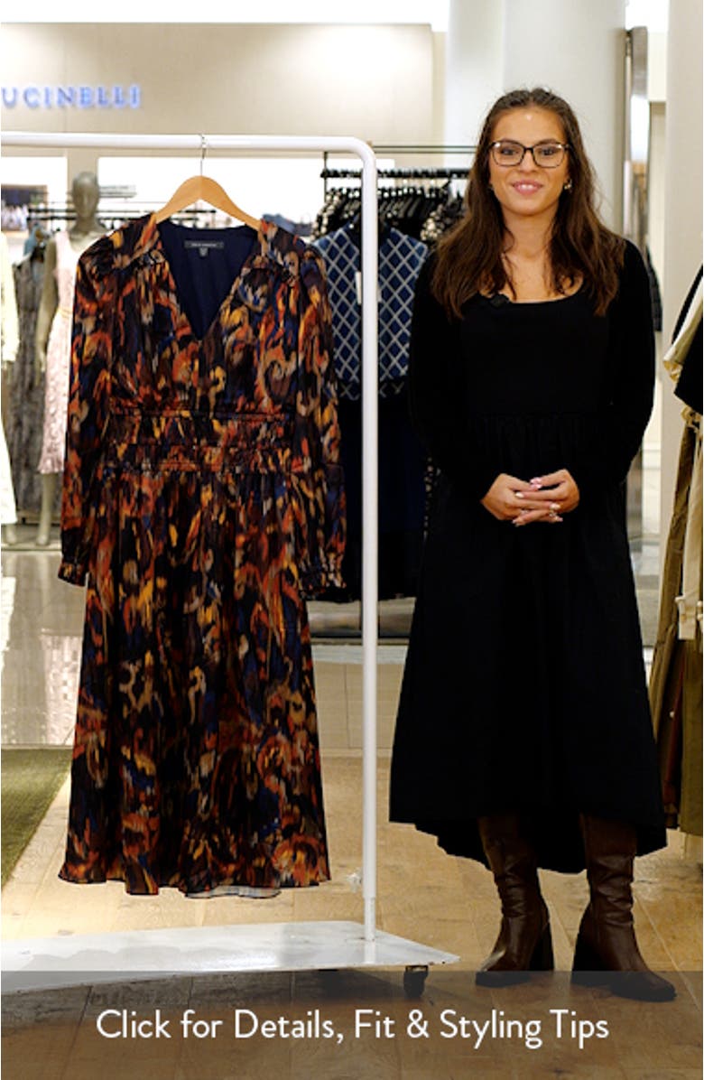 Ikat Long Sleeve Stretch Satin Midi Dress, sales video thumbnail