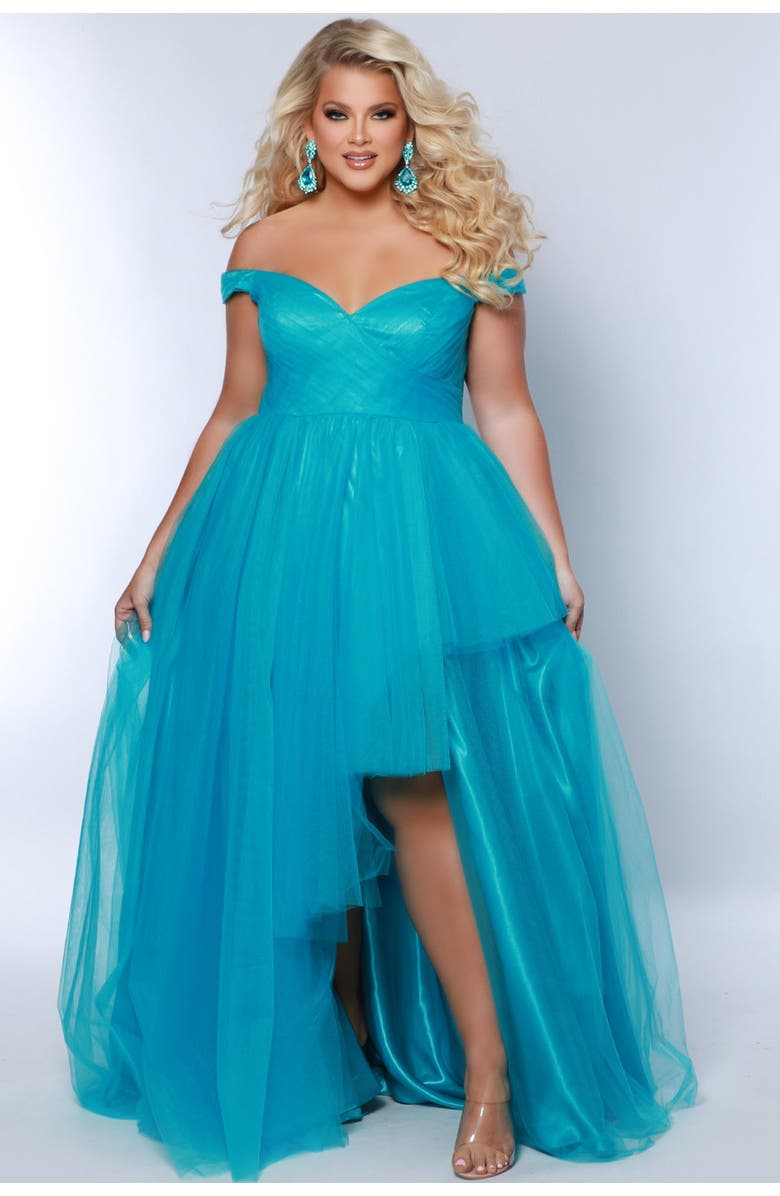 Sydney's Closet High-Low Sweetheart Neckline Off-the-Shoulder Plus Size Gown, Main, color, Blue