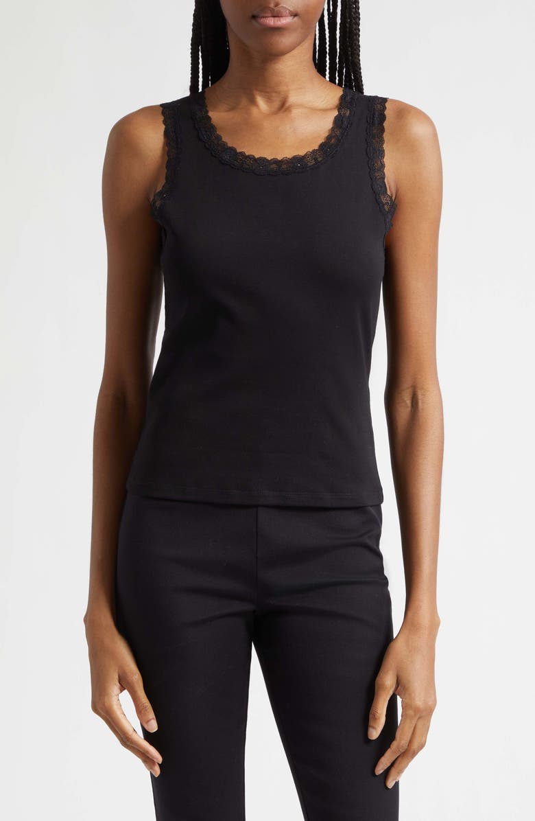 POSSE Roberta Lace Trim Cotton Tank, Main, color, Black