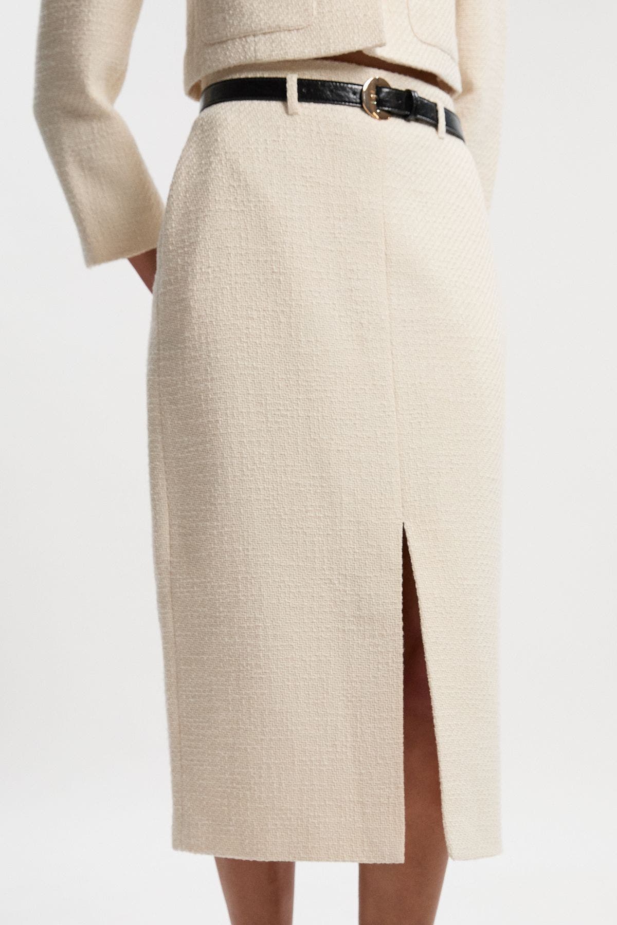 Karen Millen Tweed Belted Pencil Skirt In Neutral