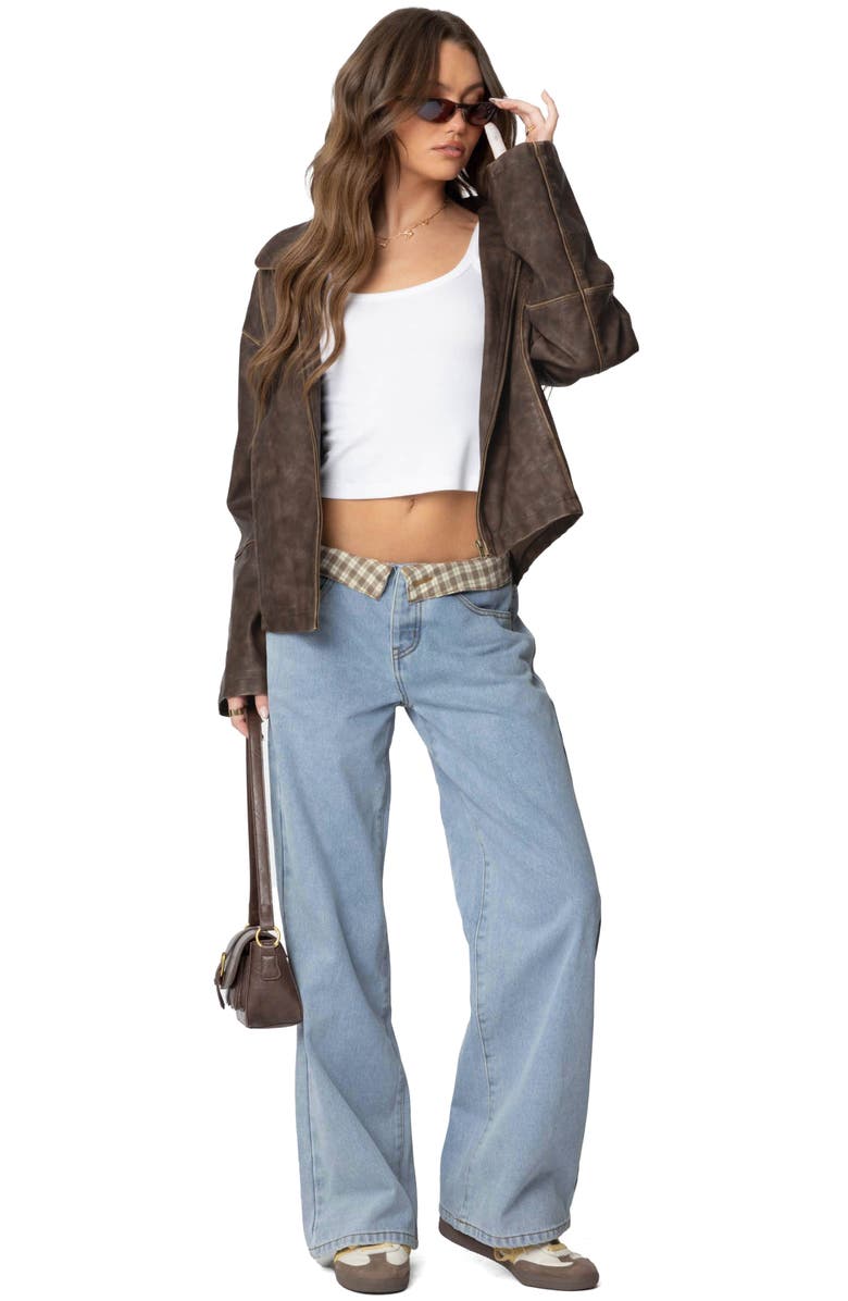 EDIKTED Peekaboo Plaid Low Rise Wide Leg Jeans, Alternate, color, Light-Blue