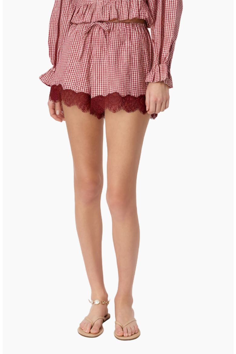 Cassandra Mid Rise Lace Trim Gingham Shorts, Main, color, BERRY GINGHAM