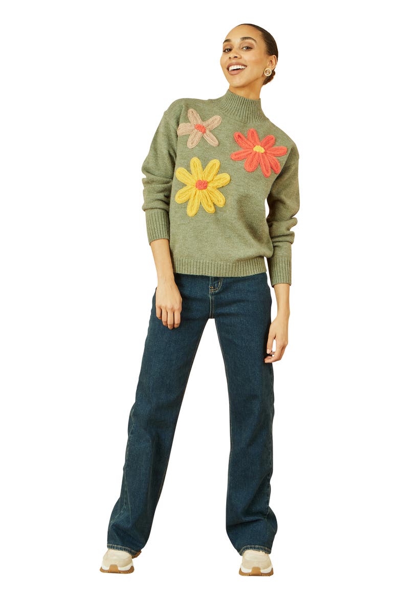 Floral Detail High Neck Knit Sweater, Main, color, Green
