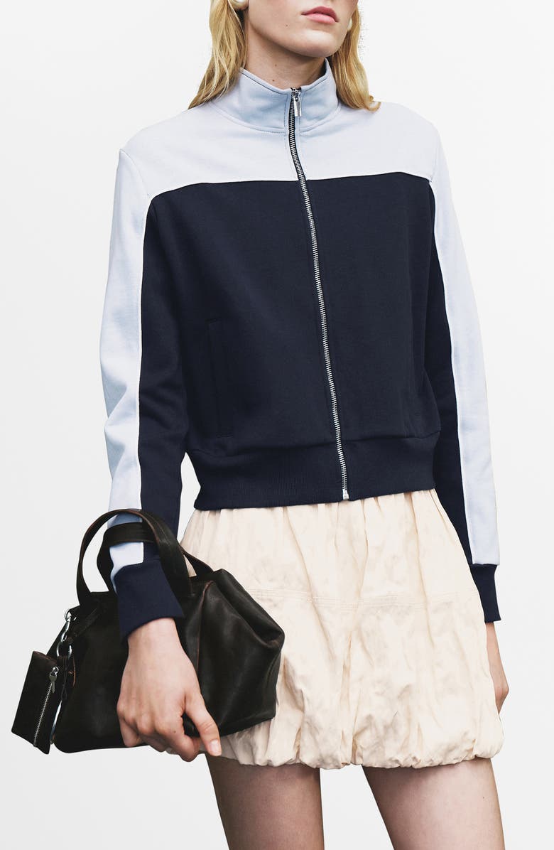 MANGO Two-Tone Zip Front Jacket, Main, color, Blue