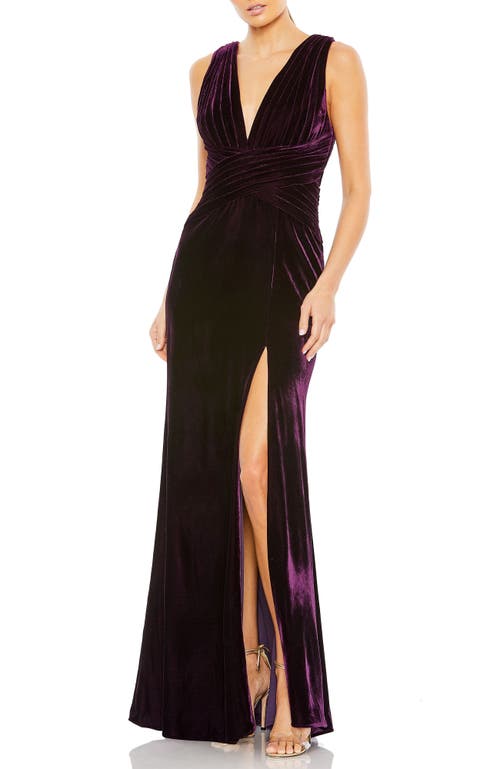 Mac Duggal Velvet Pleated Wrapping Sleeveless Jersey Gown In Amethyst
