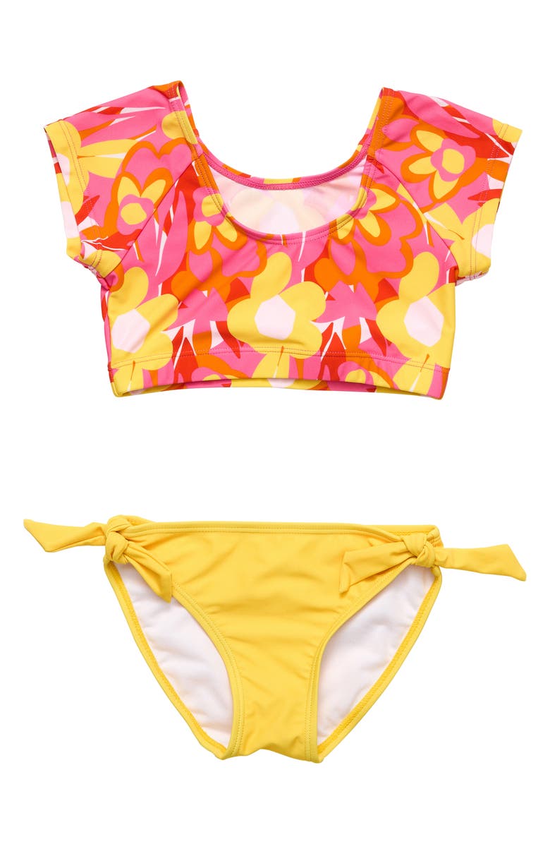 Snapper Rock Kids' Pop of Sunshine Short Sleeve Two-Piece Swimsuit, Main, color, 