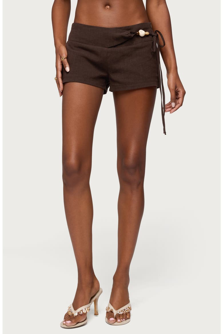 Vikkie Beaded Waist Low Rise Linen Blend Shorts, Main, color, BROWN