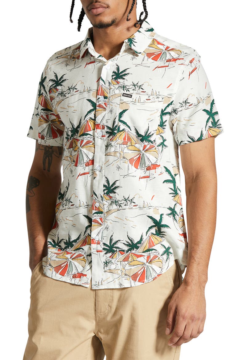 Charter Classic Fit Tropical Print Short Sleeve Slub Button-Up Shirt, Main, color, OFF WHITE UMBRELLA SCENE