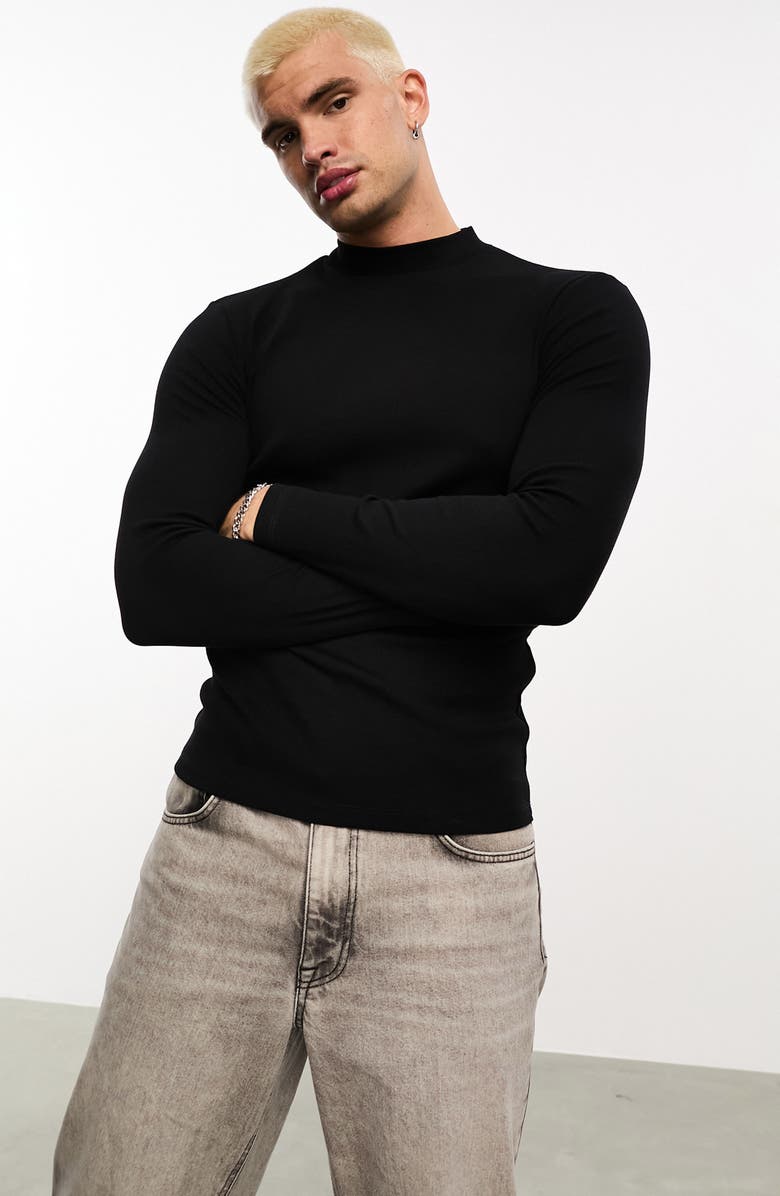 ASOS DESIGN Mock Neck Long Sleeve Rib Muscle T-Shirt, Main, color, 