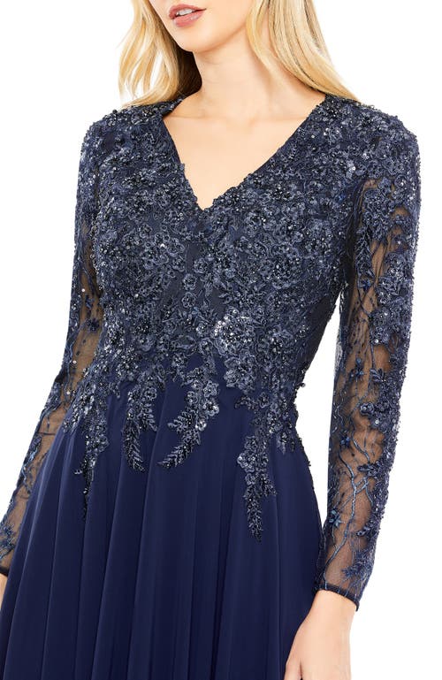 Mac Duggal Beaded Bodice Long Sleeve A-line Gown In Navy