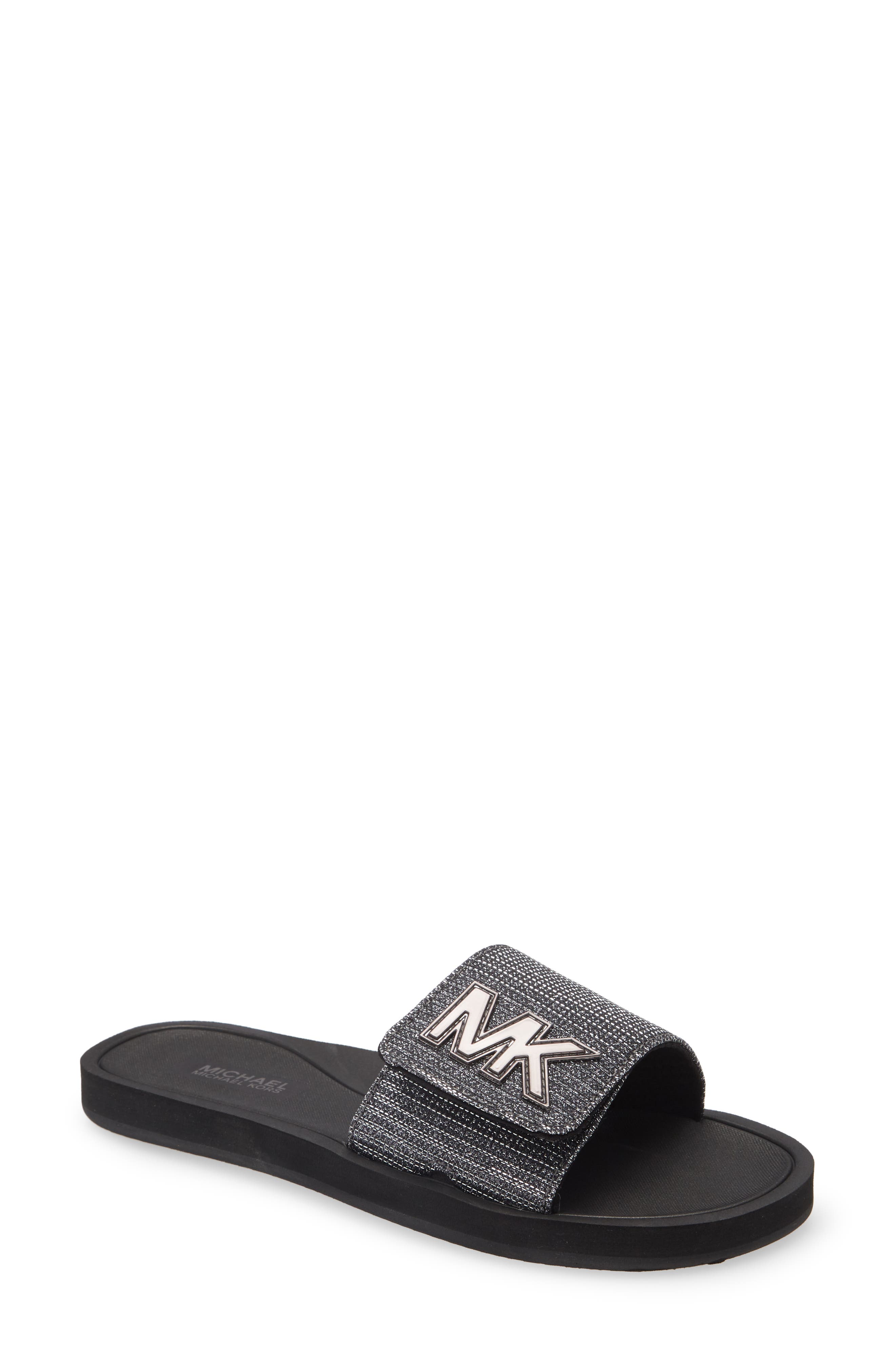 MK Logo Slide Sandal, Main, color, GUNMETAL