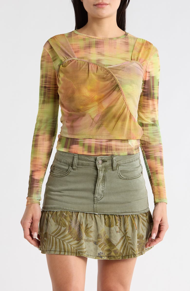 Desigual Printed Mesh Top, Main, color, Yellow
