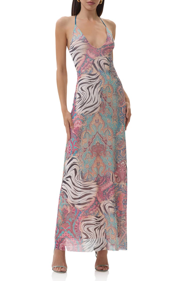 AFRM Romy Printed Mesh Maxi Slipdress, Main, color, Gilded Paisley